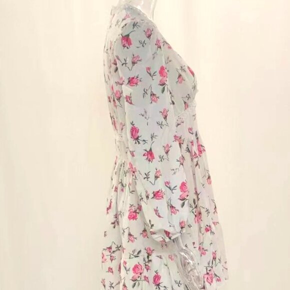 WHITE WITH TINY PINK FLOWERS XL ABOVE THE KNEE DEEP V NECK HIGH WAIST LACE DRESS - Picture 3 of 7